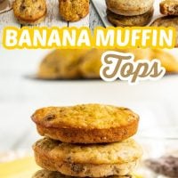 Five Banana Muffin Tops that are full of chocolate chips on a wooden board
