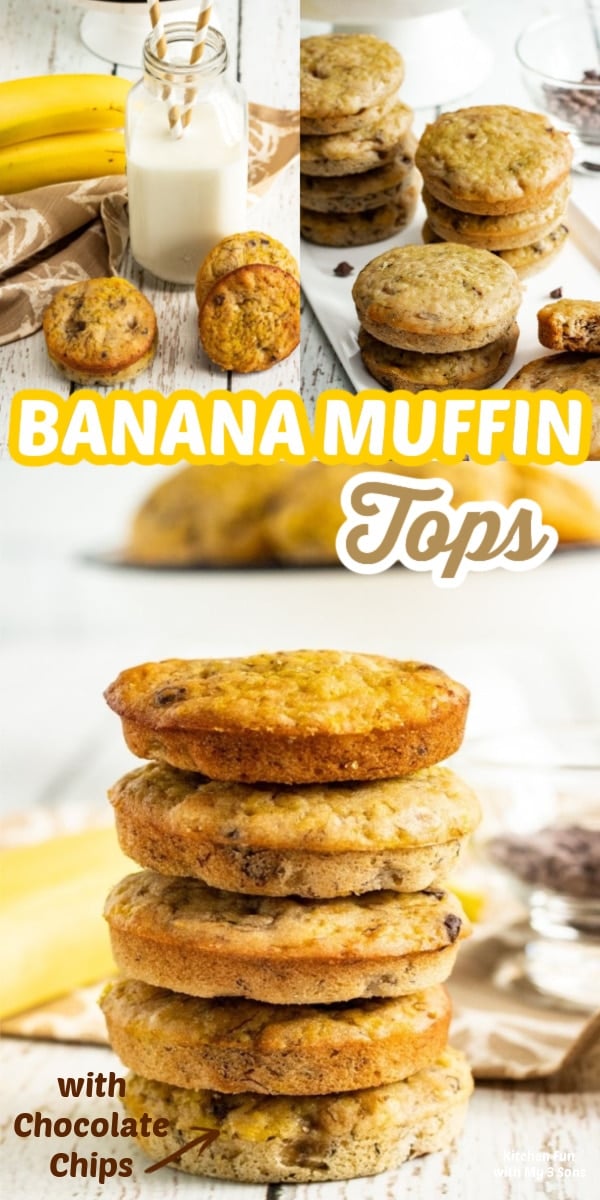 Five Banana Muffin Tops that are full of chocolate chips on a wooden board