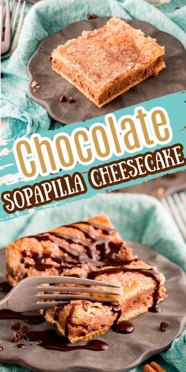 A square of Chocolate Sopapilla Cheesecake on a gray plate