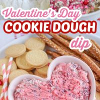 Valentine's Day Cookie Dough Dip in a white heart bowl