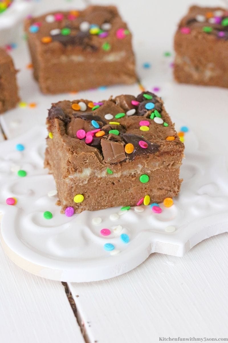 One of the fudge squares topped with sprinkles.