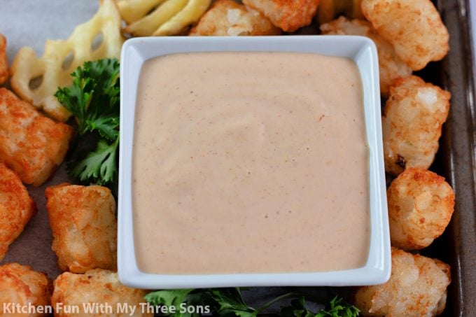 homemade bloomin' onion sauce in a white bowl.