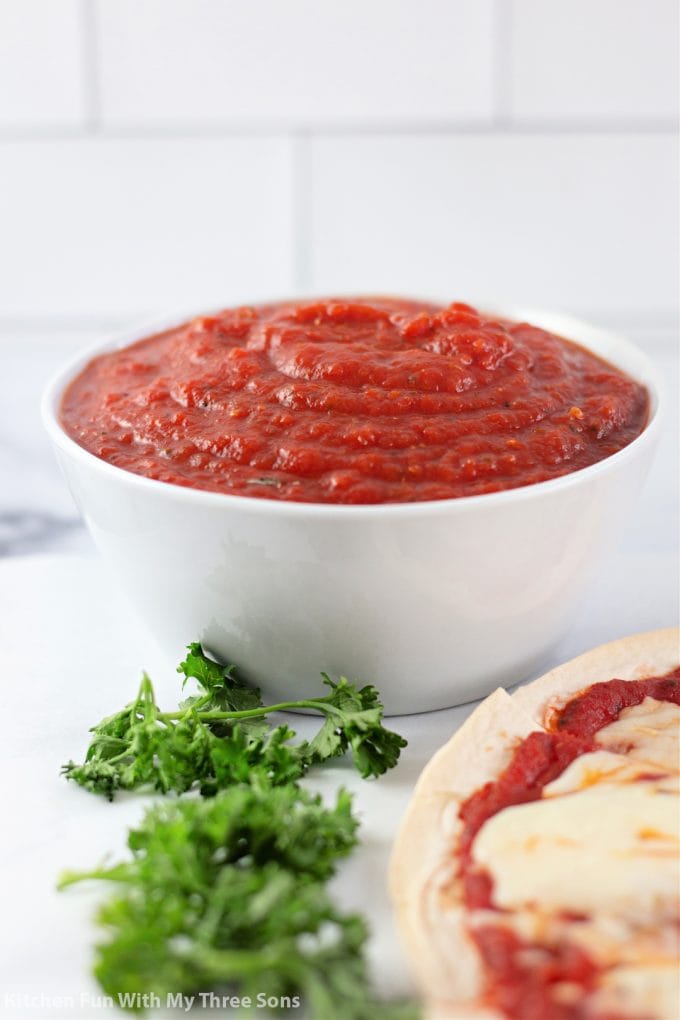 Easy Homemade Pizza Sauce in a white bowl.