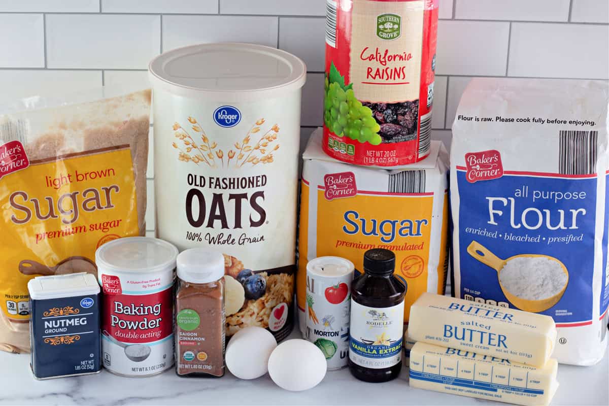 Ingredients needed to make oatmeal raisin cookies