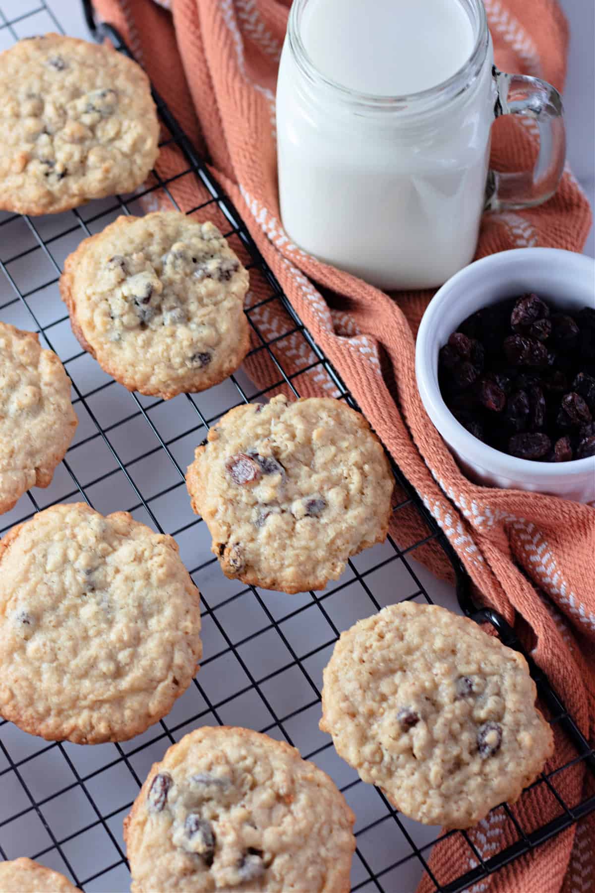 Oatmeal raisin cookies on a cooling rack