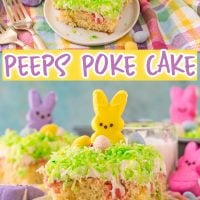 Pinterest title image for Peeps Poke Cake.