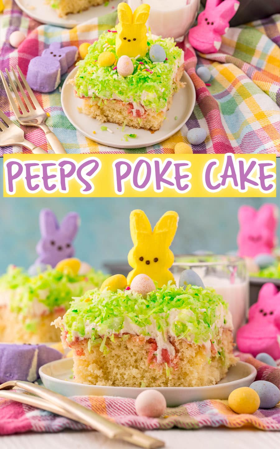 This Peeps Cake is a deliciously moist poke cake recipe full of flavor. Perfect for Easter, this is a dessert that everyone loves. #easter #peeps #cake #dessert #pokecake #dessert