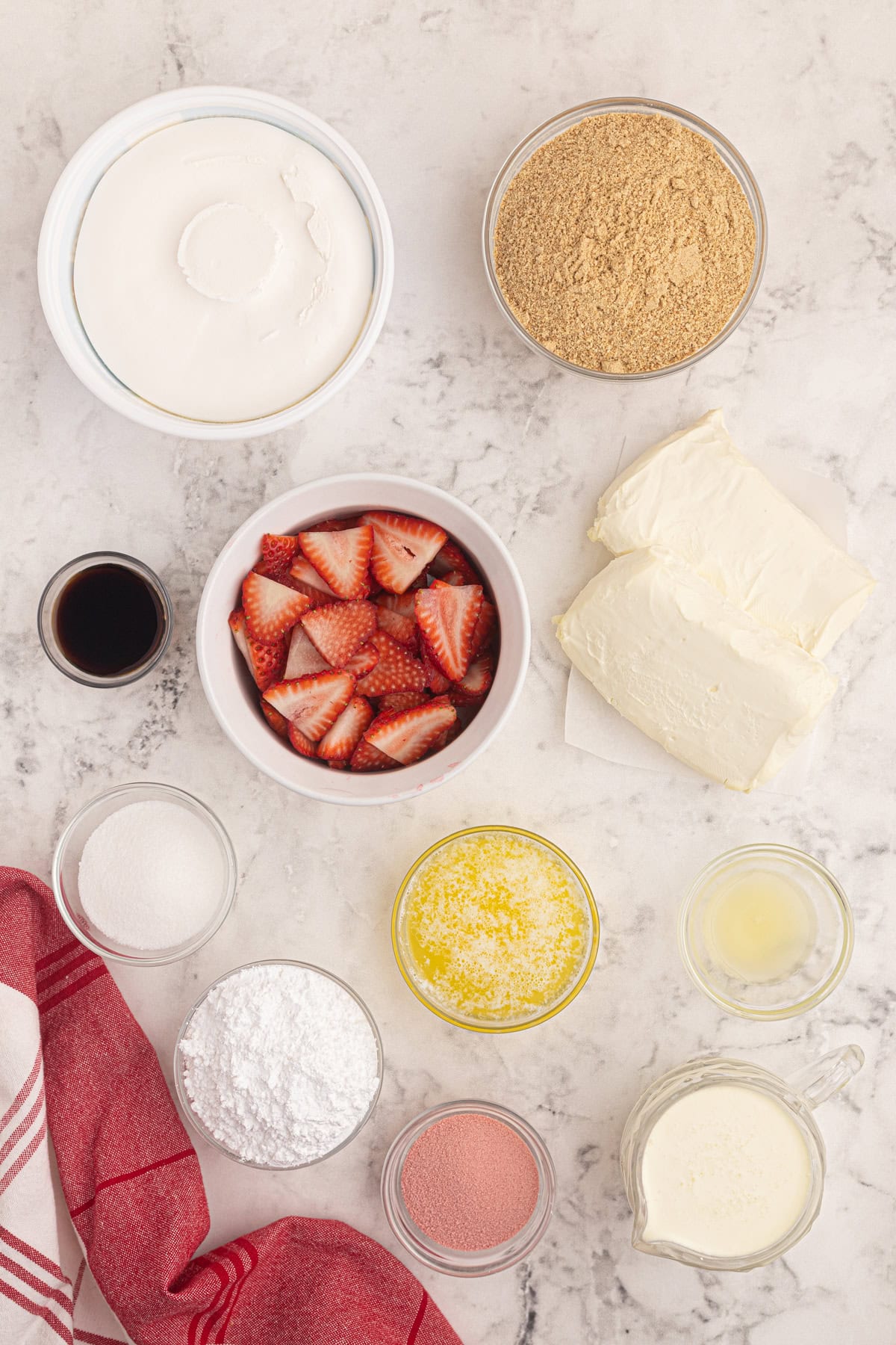Overhead view of ingredients needed to make strawberry delight