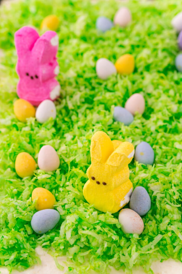 Peeps and Easter candy on top of cake