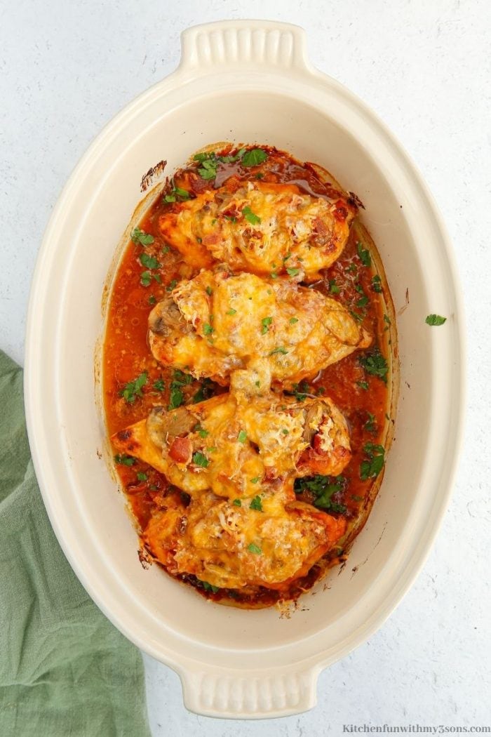 baked alice springs chicken in a baking dish