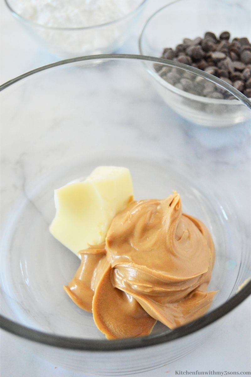 Combining the butter and peanut butter.