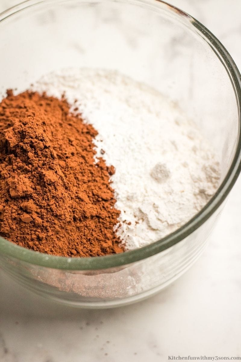 Combining the cocoa and flour.