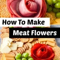 A Meat and Cheese Charcuterie board with meat flowers is such a fun appetizer for any party. This is easy to make but looks super fancy! #charcuterieboards #recipe