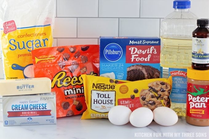 ingredients to make Reese's Peanut Butter Earthquake Cake.