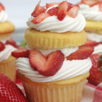 A strawberry shortcake cupcake on a red checkered cloth
