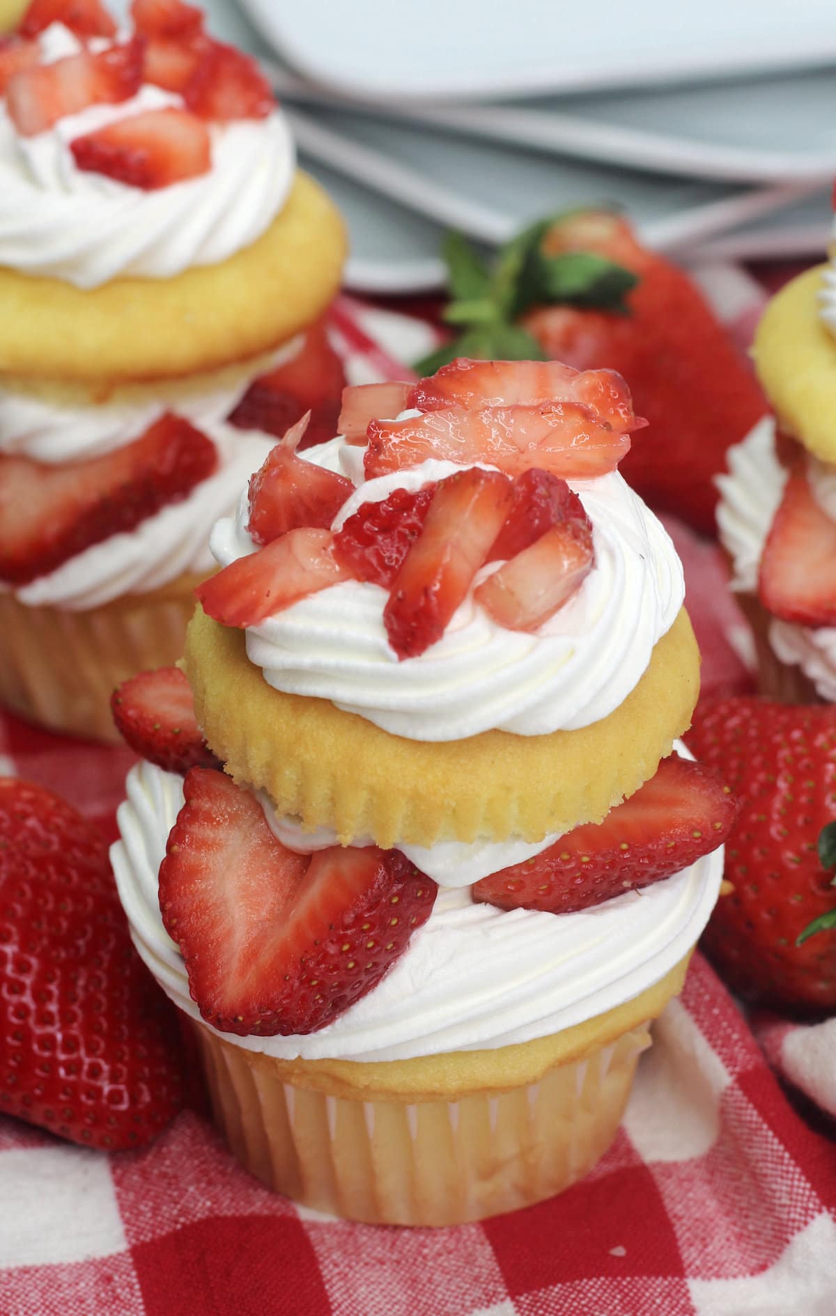 Overhead view of a strawberry shortcake cupcake