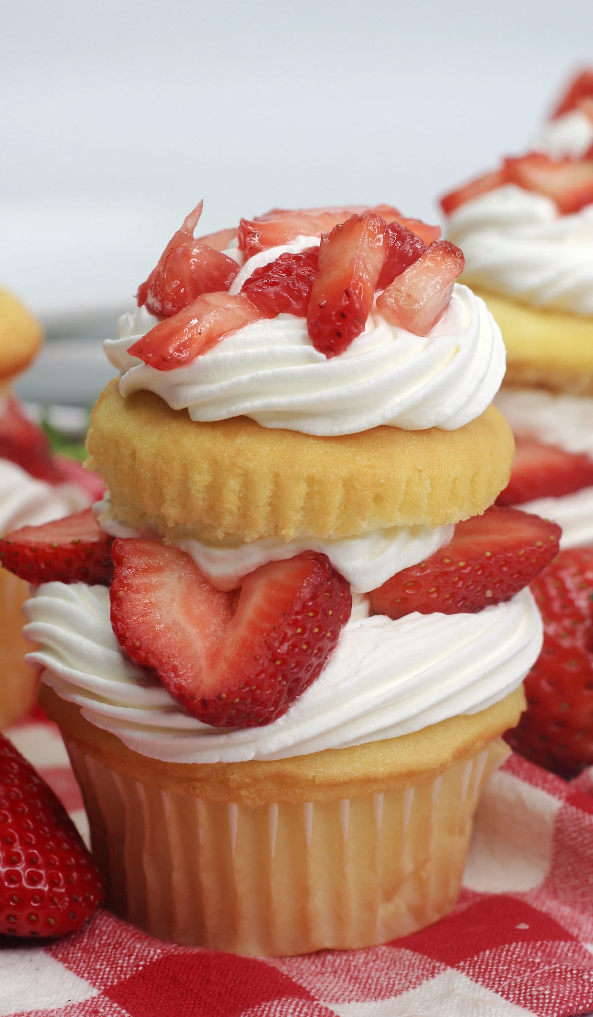 Close up of a strawberry shortcake cupcake
