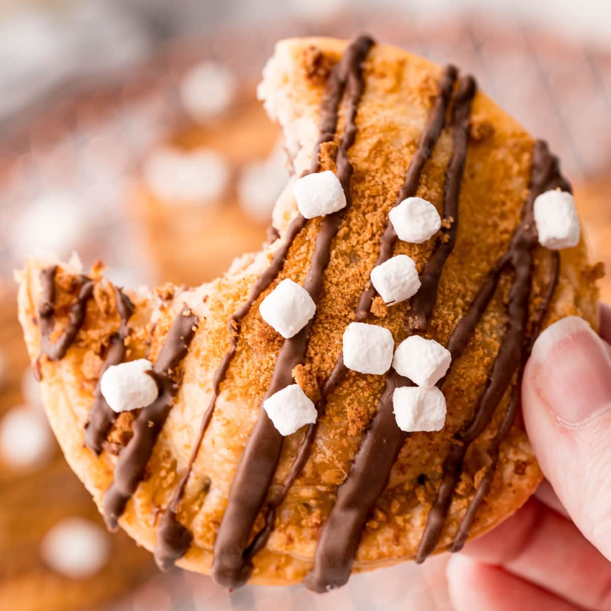 Air Fryer S'mores Hand Pies with half missing, held in one and