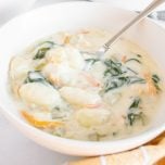 Overhead view of a bowl chicken gnocchi soup