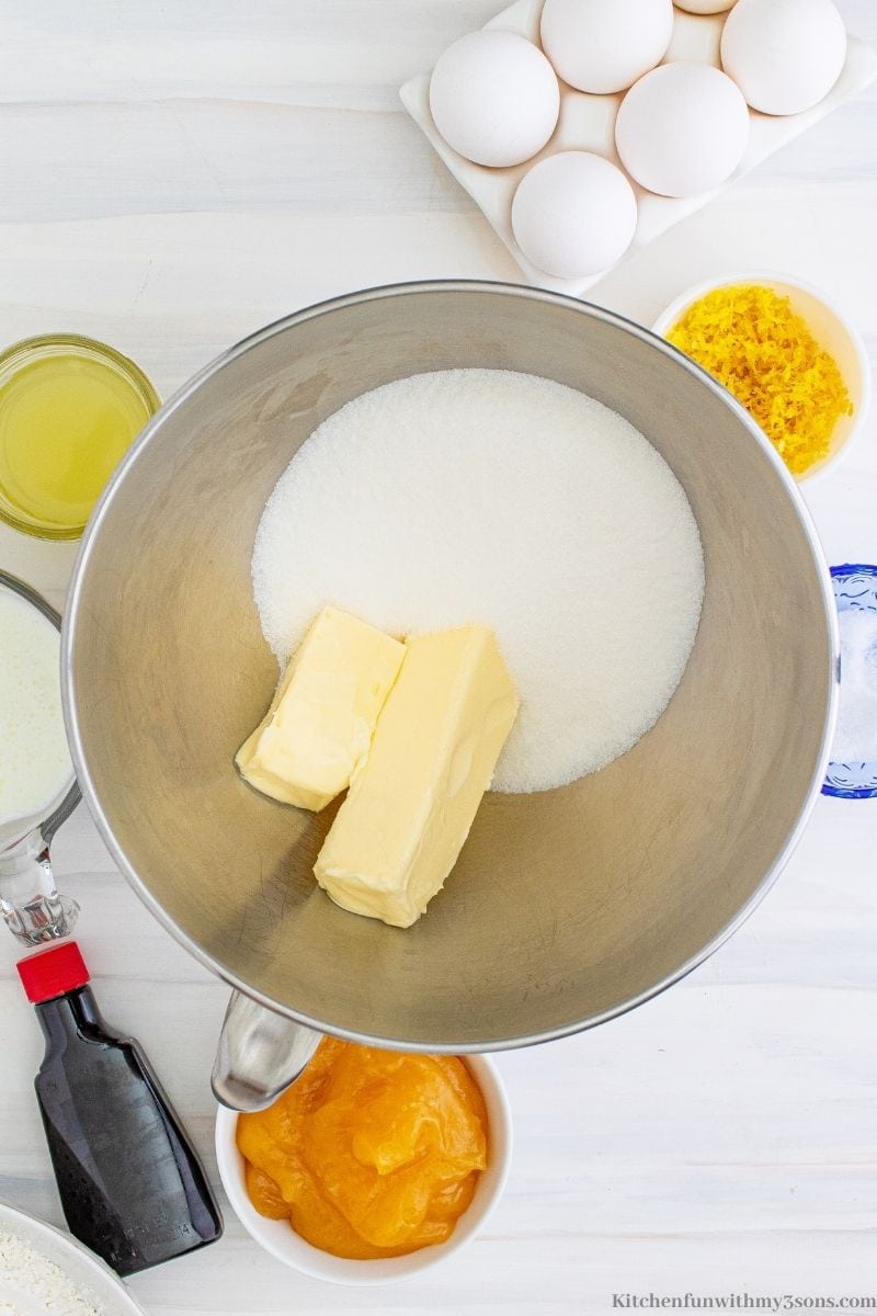 Butter and sugar in a metal pan