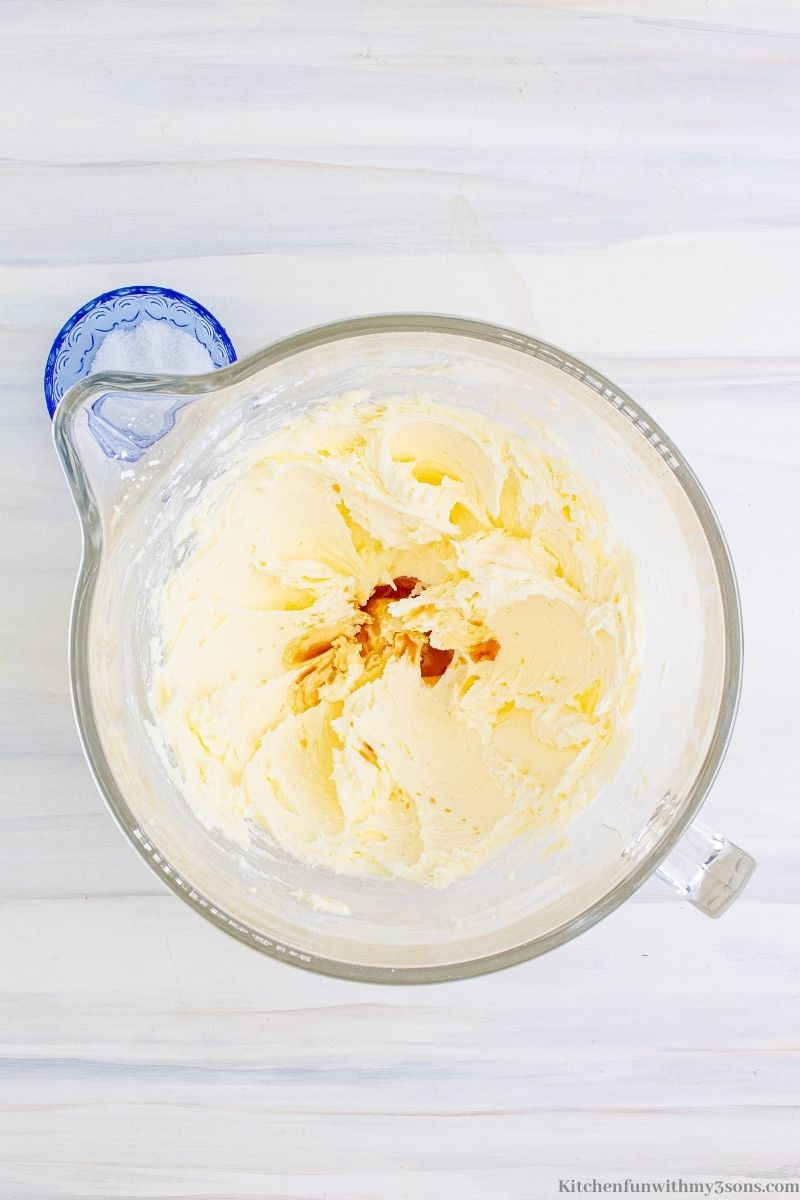 Whipped butter and sugar in a mixing bowl