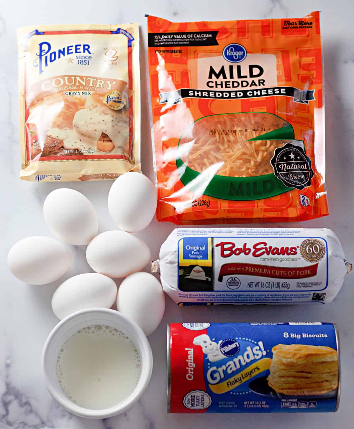Ingredients needed to make biscuits & gravy casserole