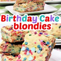 Yummy Cake Batter Blondies full of chocolate chips and sprinkles. Super easy dessert to make and so delicious. #Desserts #Recipe