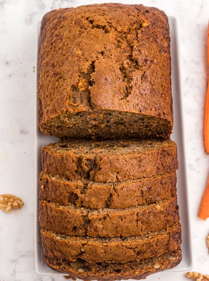 Carrot Bread is a tasty recipe that's similar to carrot cake in bread form. Full of fresh carrots, walnuts, cinnamon and pumpkin pie spice. Great for breakfast or a snack! 