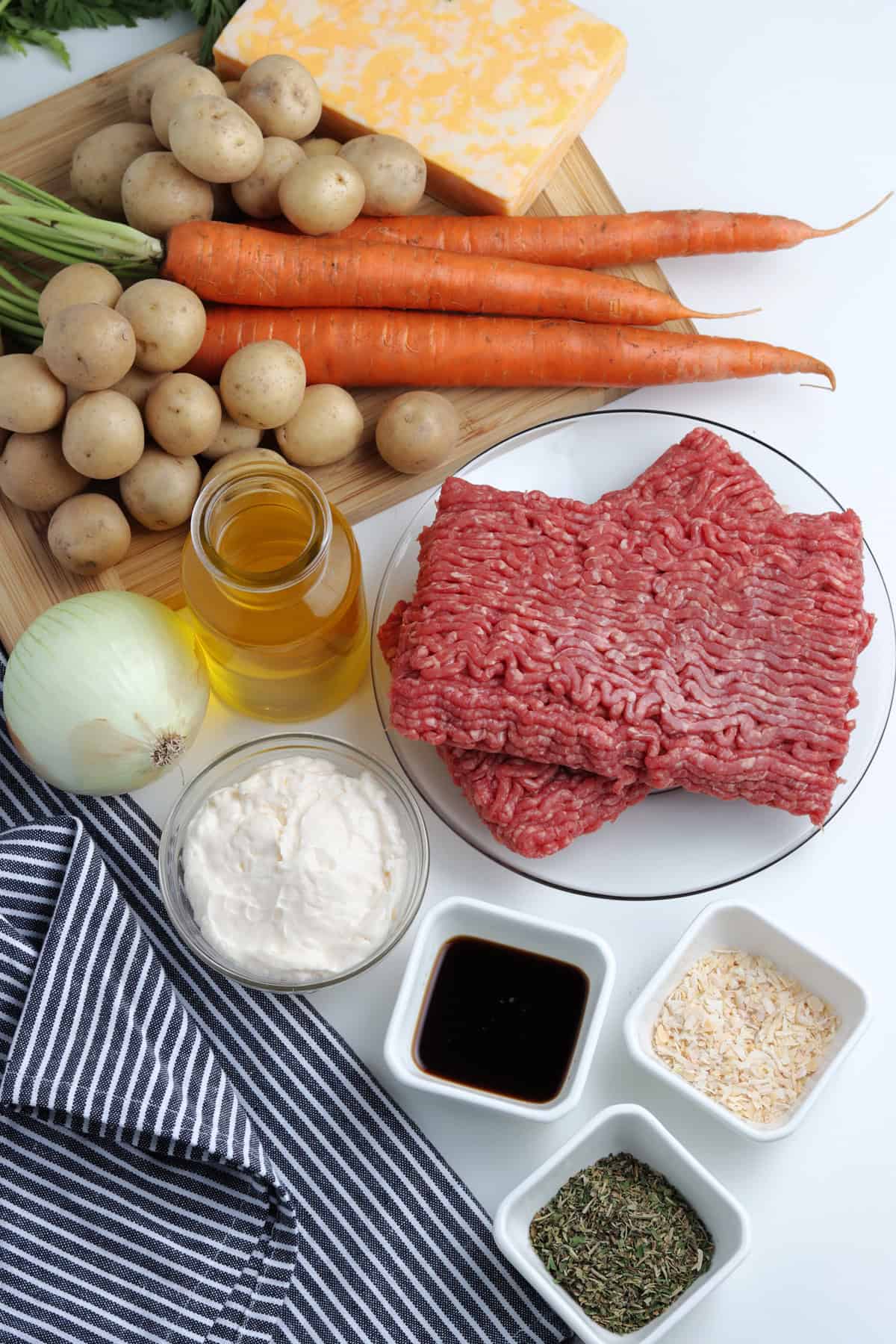 Overhead view of ingredients needed to make hobo dinner