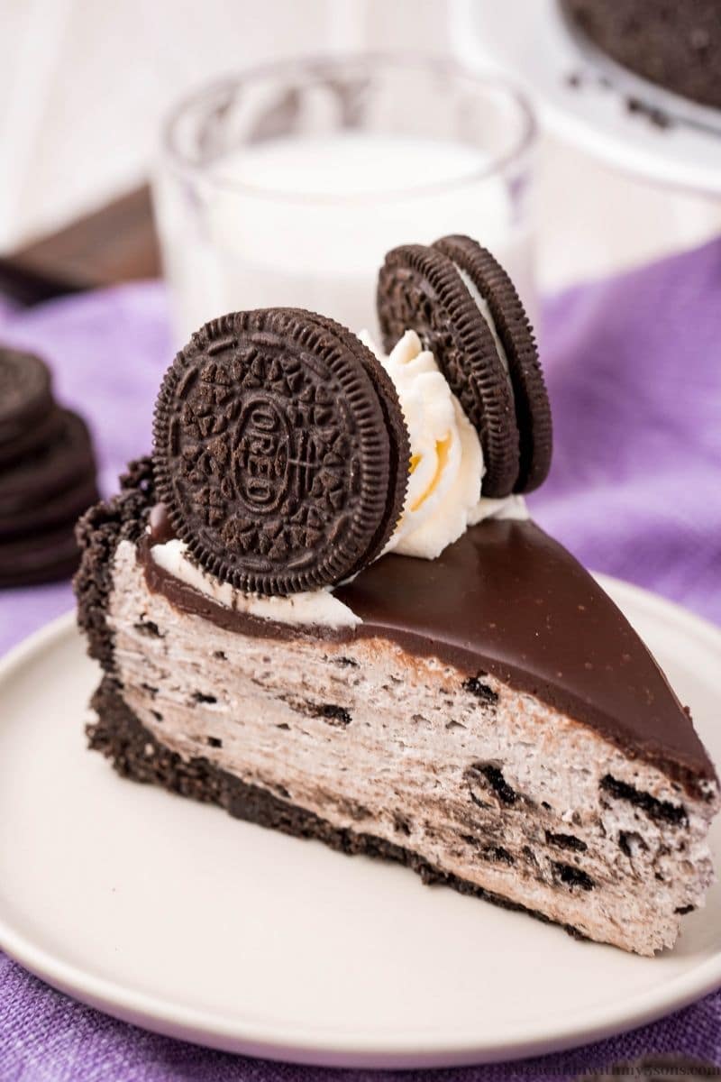 The cheesecake topped with Oreo's.