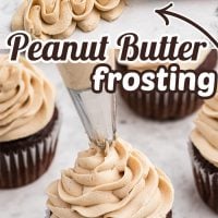 Peanut Butter Frosting piped onto chocolate cupcakes.
