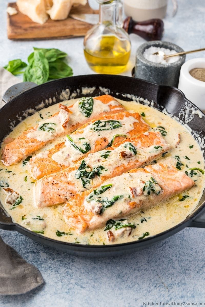The salmon in a skillet.