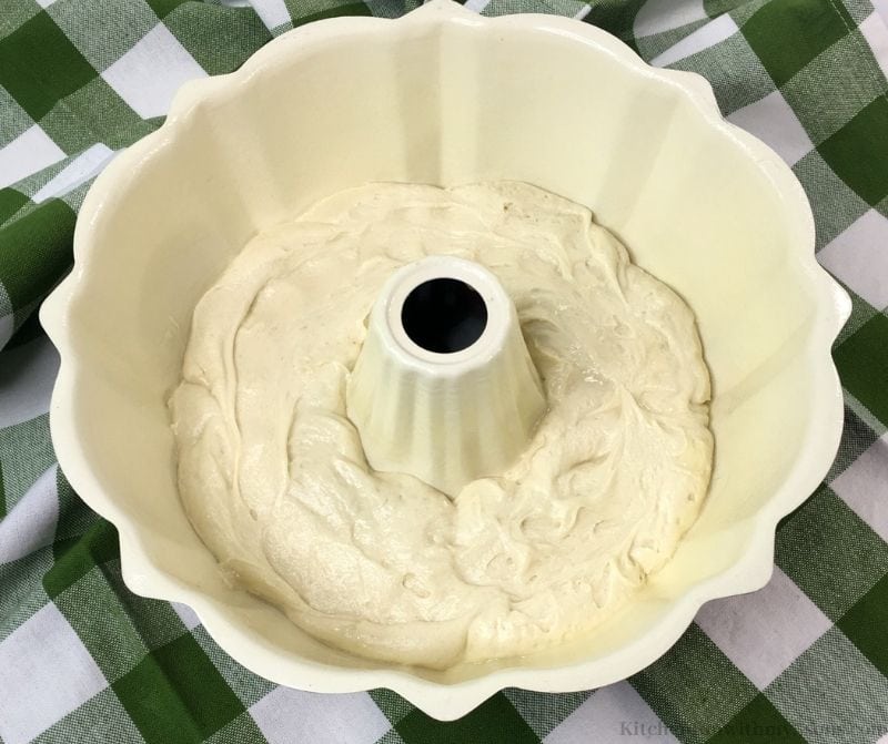 The cream layer in the Bundt pan.