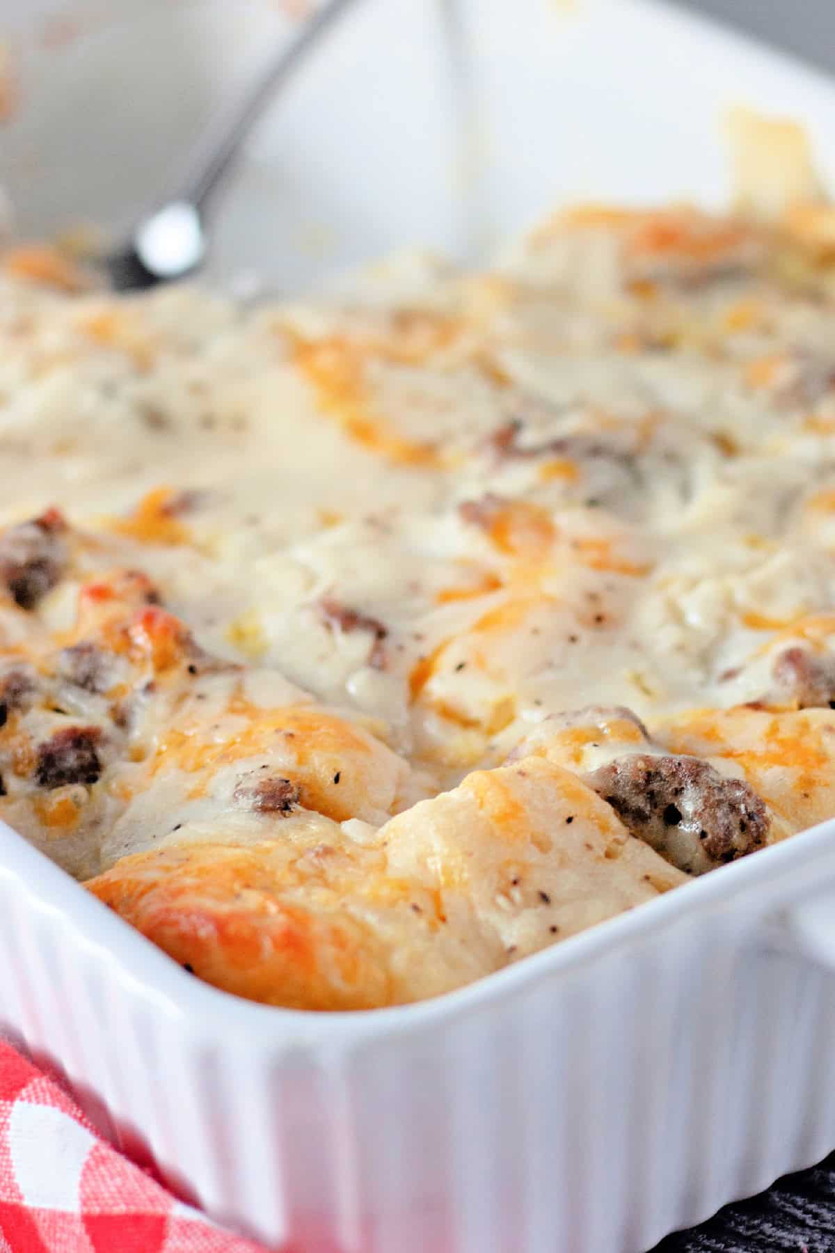 Biscuits and Gravy Casserole in a baking dish