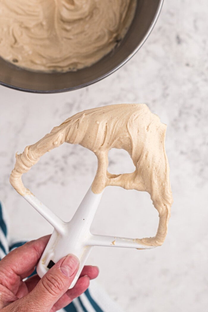 peanut butter frosting on a paddle attachment