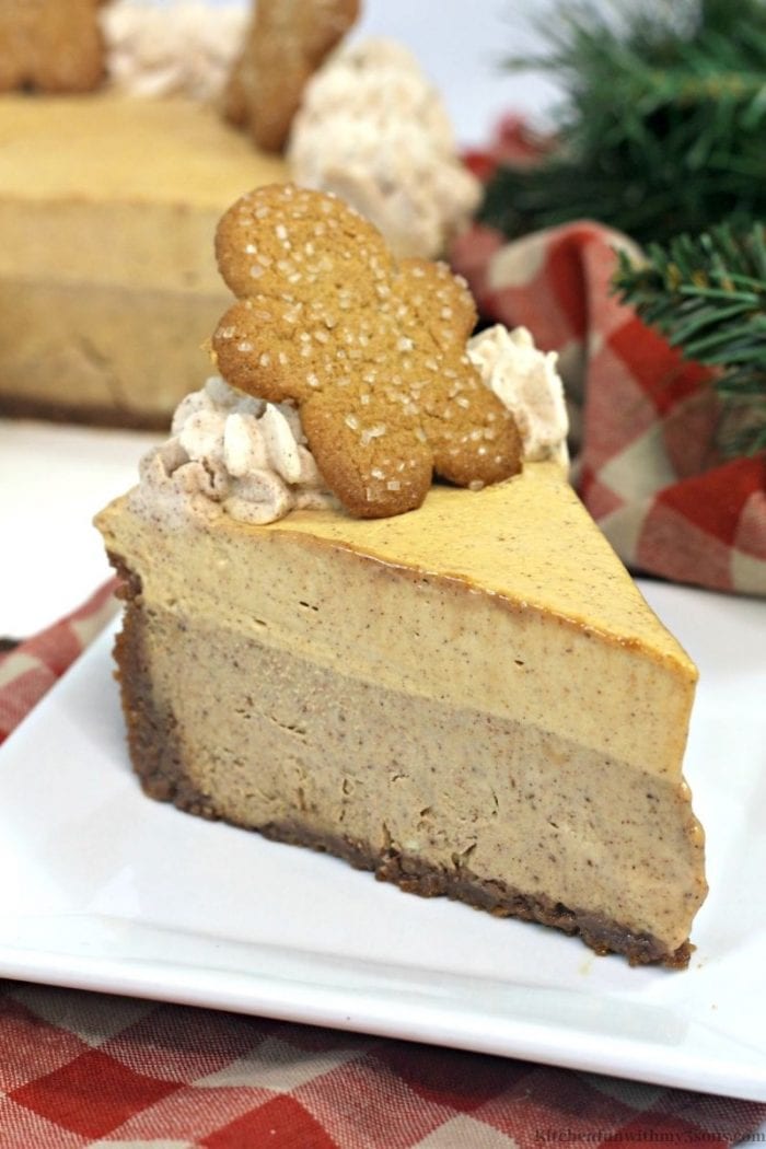 The cheesecake topped with a gingerbread man.