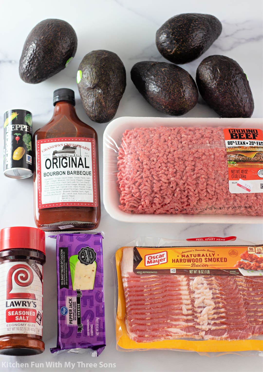 ingredients to make BBQ Bacon Wrapped Stuffed Avocados.