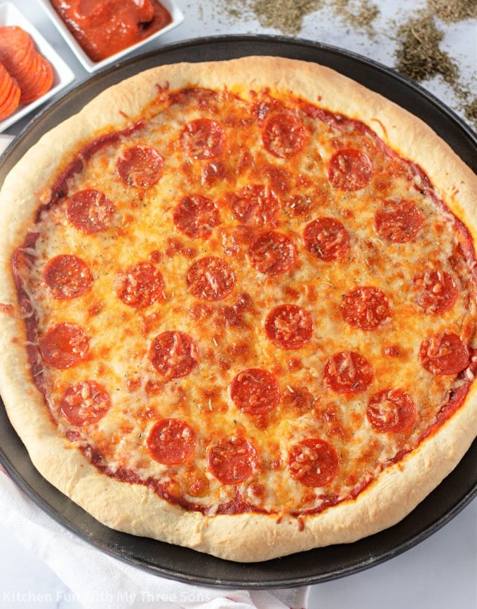 freshly baked pizza made with Homemade Pizza Dough.