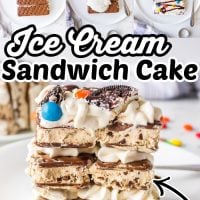 An Ice Cream Sandwich Cake is the perfect Summer dessert with layers of Cookies 'n Cream ice cream sandwiches, Cool Whip & M&M's. #Dessert #Recipes