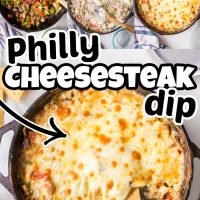 Philly cheesesteak dip in a skillet.