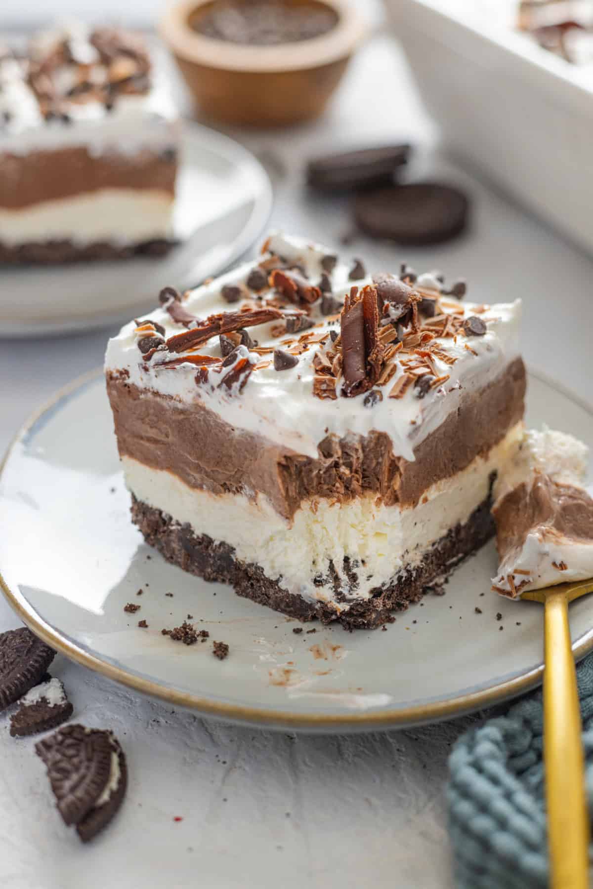 Chocolate Lasagna slice on a plate