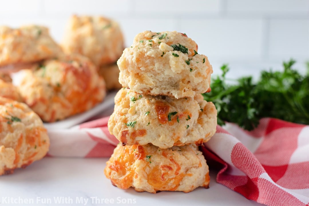 homemade Cheddar Bay Biscuits stacked.