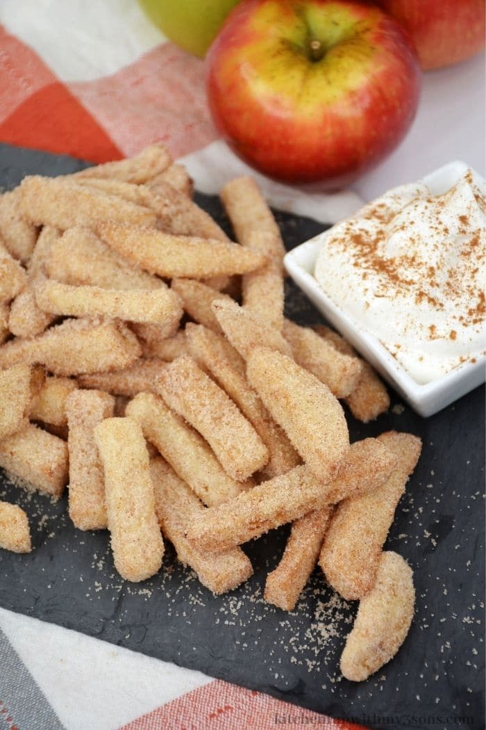The apple fries with a side of whipping cream dip.