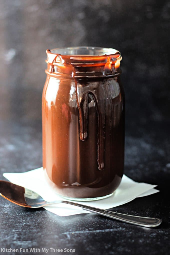 homemade Hot Fudge Sauce Recipe in a jar.