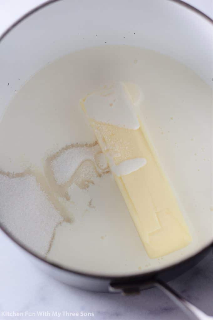 butter, sugar, and cream in a saucepan.