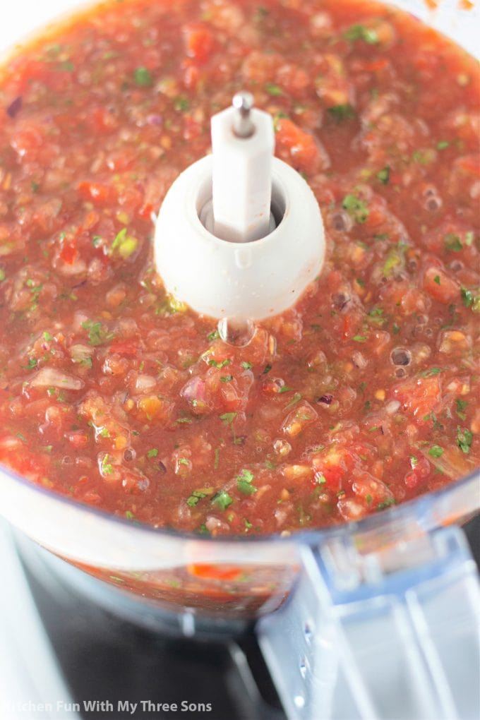freshly made salsa in a food processor.