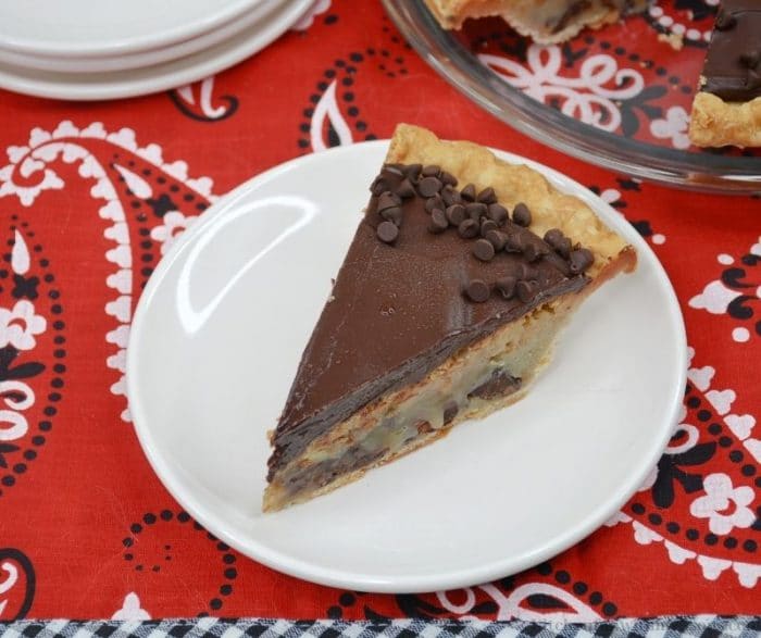 A pie slice with mini chocolate chips.