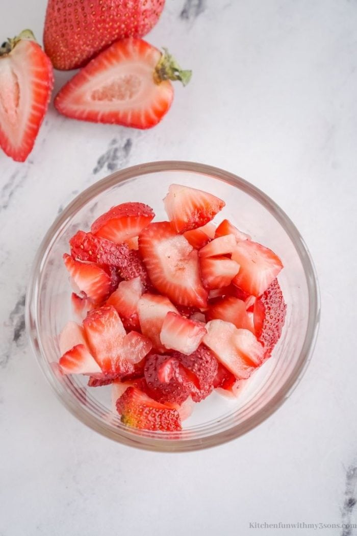 The diced strawberries in a bowl.