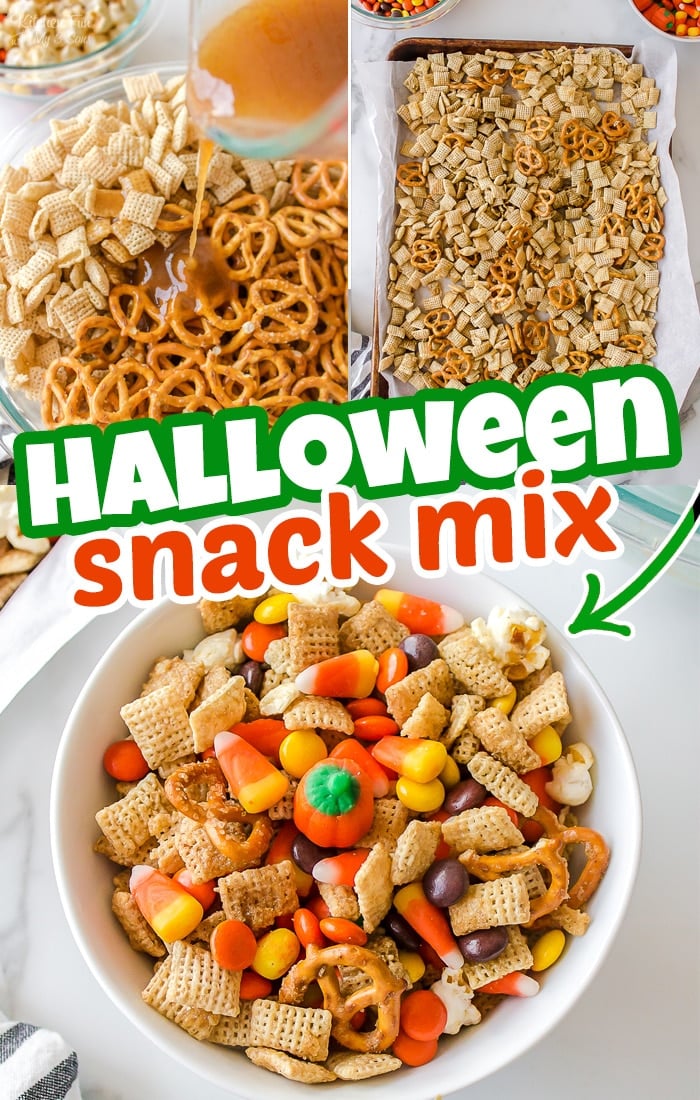 This Halloween Snack Mix is the perfect treat for a classroom, a pumpkin carving party or movie night. It's full of cinnamon butter coated pretzels, Kettle corn and lots of festive candy. #Recipes #Halloween #Dessert 