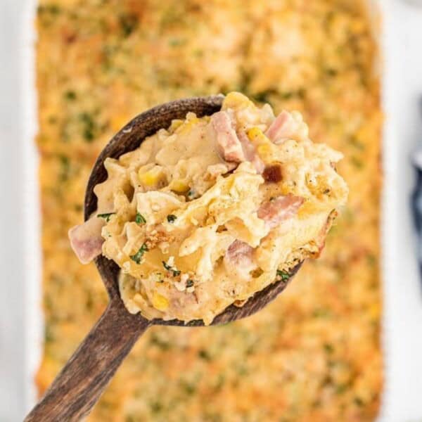 A spoonful of the ham casserole.